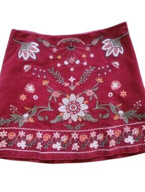 ​Blu Pepper Women's Boho Embroidered Corduroy Mini Skirt Small Burgundy Floral
